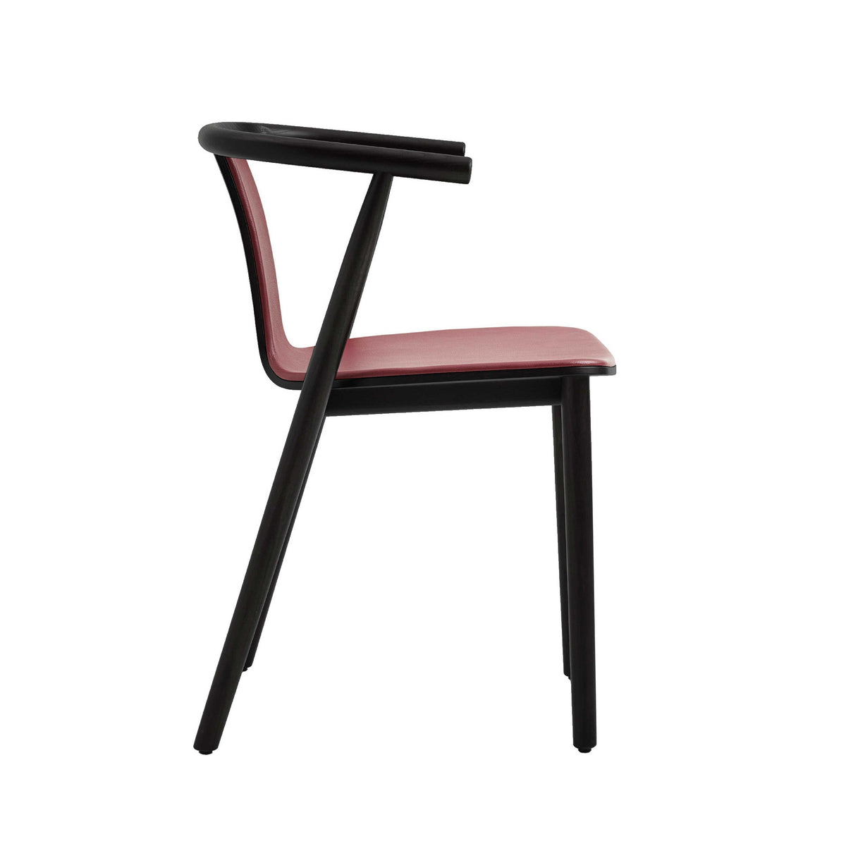 Cappellini Bac Chair by Jasper Morrison. A modern chair with black wooden frame and burgundy cushioned seat.