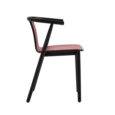 Cappellini Bac Chair by Jasper Morrison. A modern chair with black wooden frame and burgundy cushioned seat.
