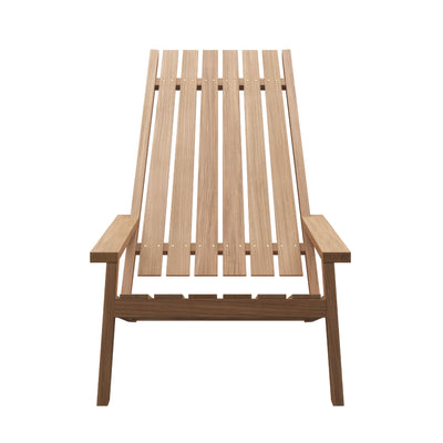Fritz Hansen Between Lines Deck Chair by Stine Weigelt. Natural wood lounge chair with vertical slats and armrests.