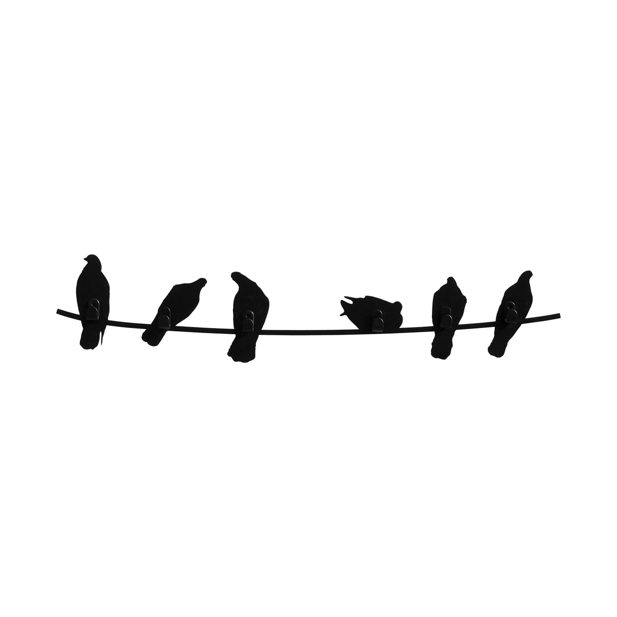 COVO Birds on Wire by Harry Allen. Six black bird silhouettes perch together on a single horizontal wire.