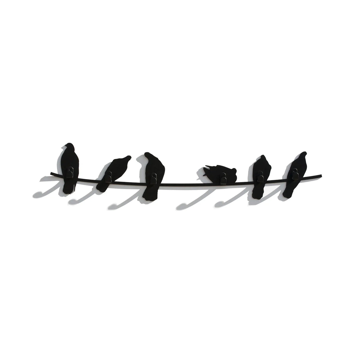 COVO Birds on Wire by Harry Allen. Six black silhouetted birds perch on a horizontal wire against white.