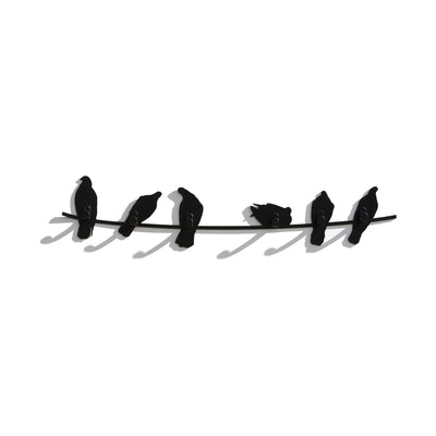 COVO Birds on Wire by Harry Allen. Six black silhouetted birds perch on a horizontal wire against white.