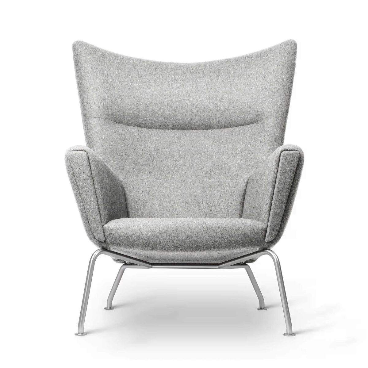 Carl Hansen & Søn CH445 Wing Chair by Hans J. Wegner. A grey upholstered wingback chair with metal legs.