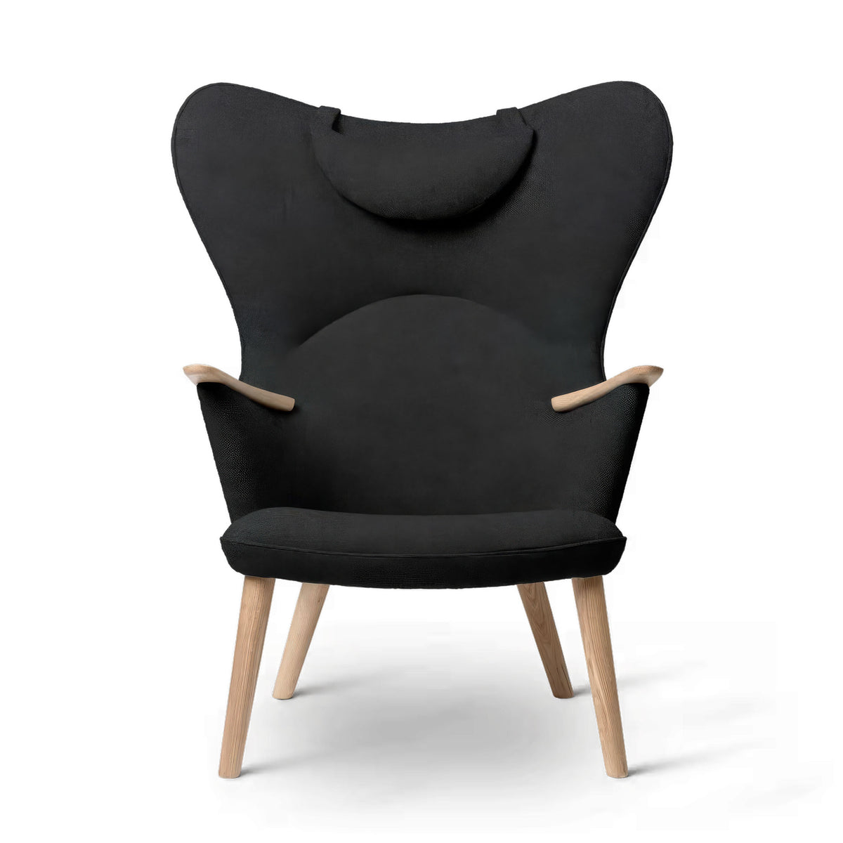 Carl Hansen & Søn CH78 Mama Bear Chair by Hans J. Wegner. Black fabric chair with wooden legs on white.