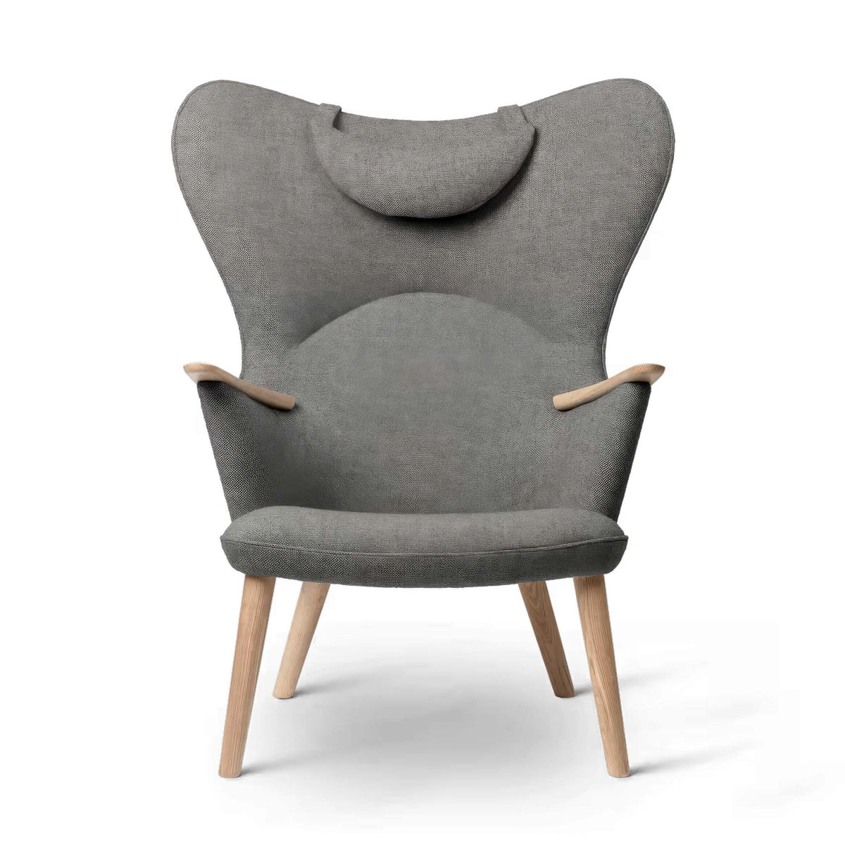 Carl Hansen & Søn CH78 Mama Bear Chair by Hans J. Wegner. A grey upholstered wingback chair with wooden legs.