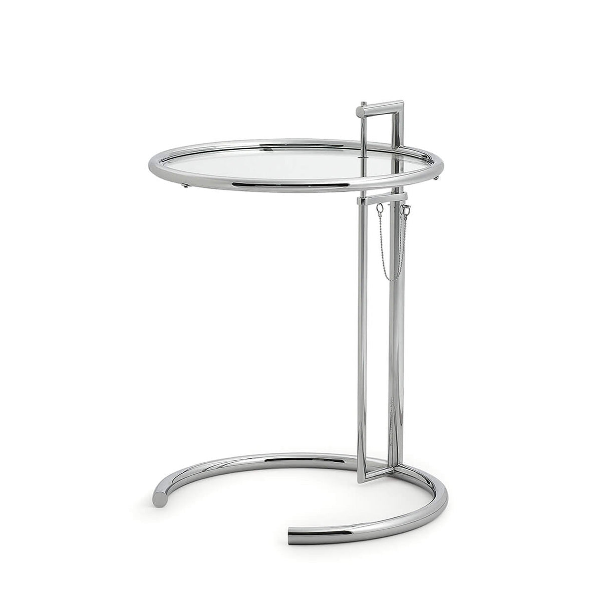Chrome / Clear Glass / Mobile / BlackMenu / Adjustable Table E 1027, designed by Eileen Gray