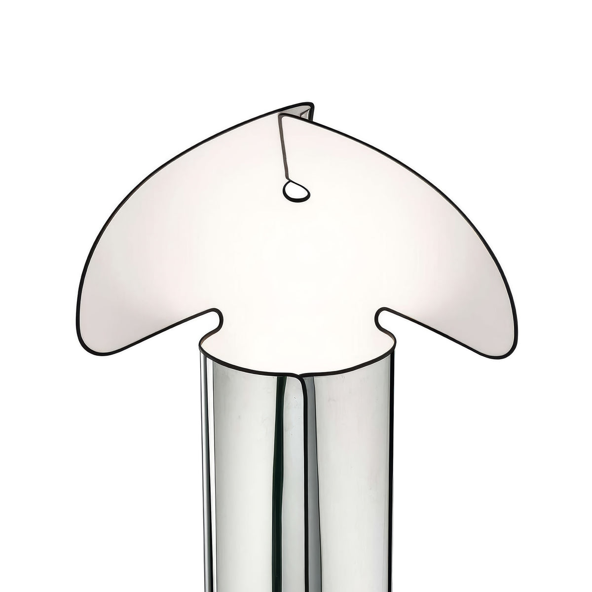 Flos Chiara Floor by Mario Bellini. A white fabric lampshade with curved sides sits atop a cylindrical base.