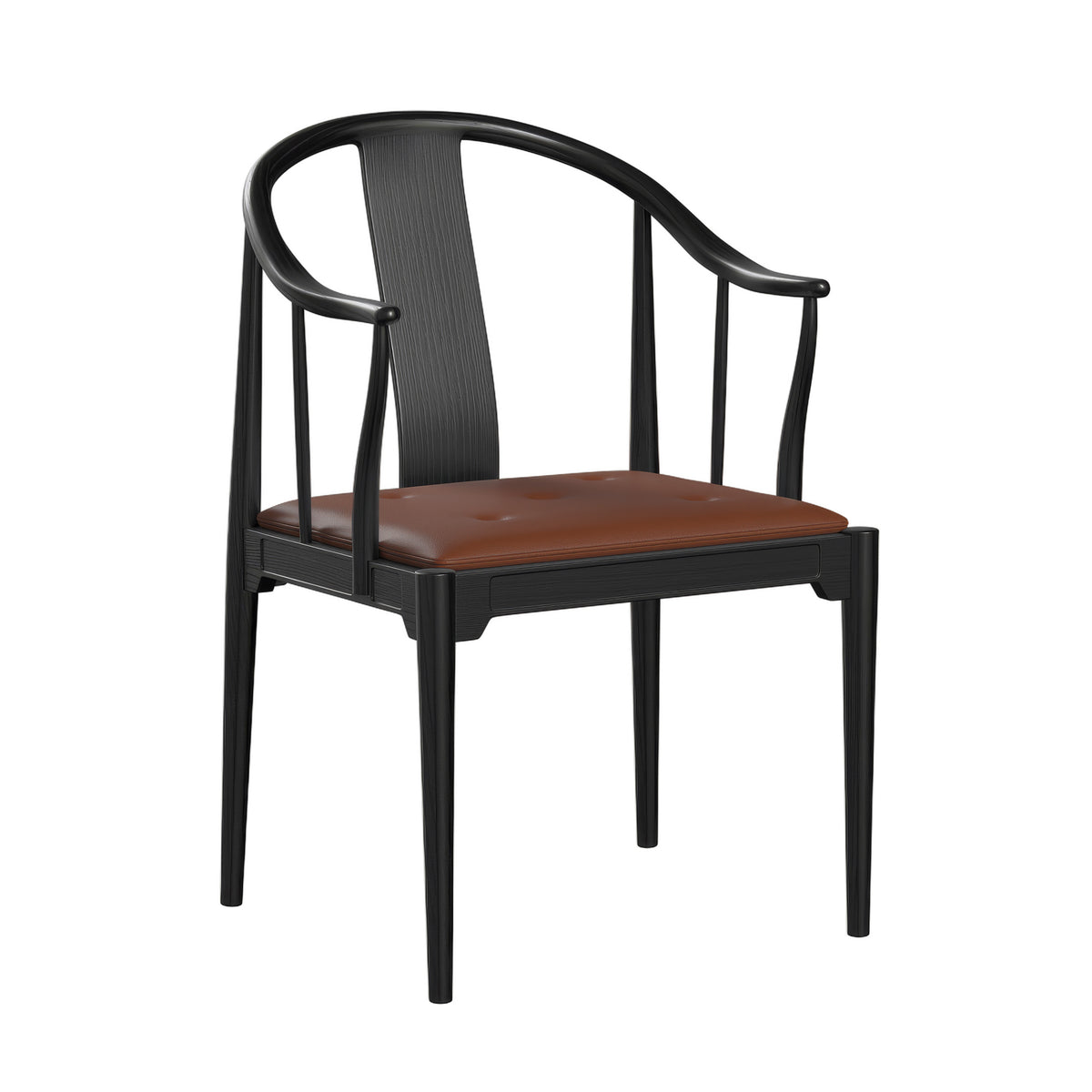 Fritz Hansen China Chair™ by Hans J. Wegner. Black wood frame chair with cognac leather seat and curved backrest.