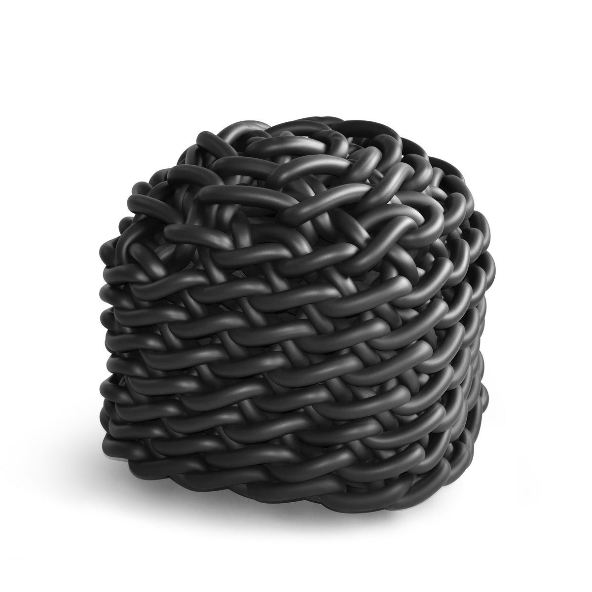COVO Colosso pouf by Rosanna Contadini. A black braided textile sphere displays intricate woven patterns with subtle shading.