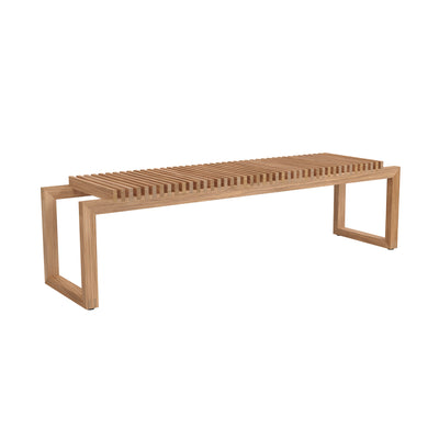Fritz Hansen Cutter Bench by Niels Hvass. A long wooden bench with parallel slats and rectangular frame legs.