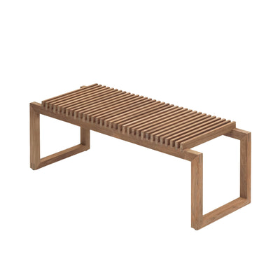 Fritz Hansen Cutter Bench by Niels Hvass. A wooden bench with parallel slats and minimalist frame design.