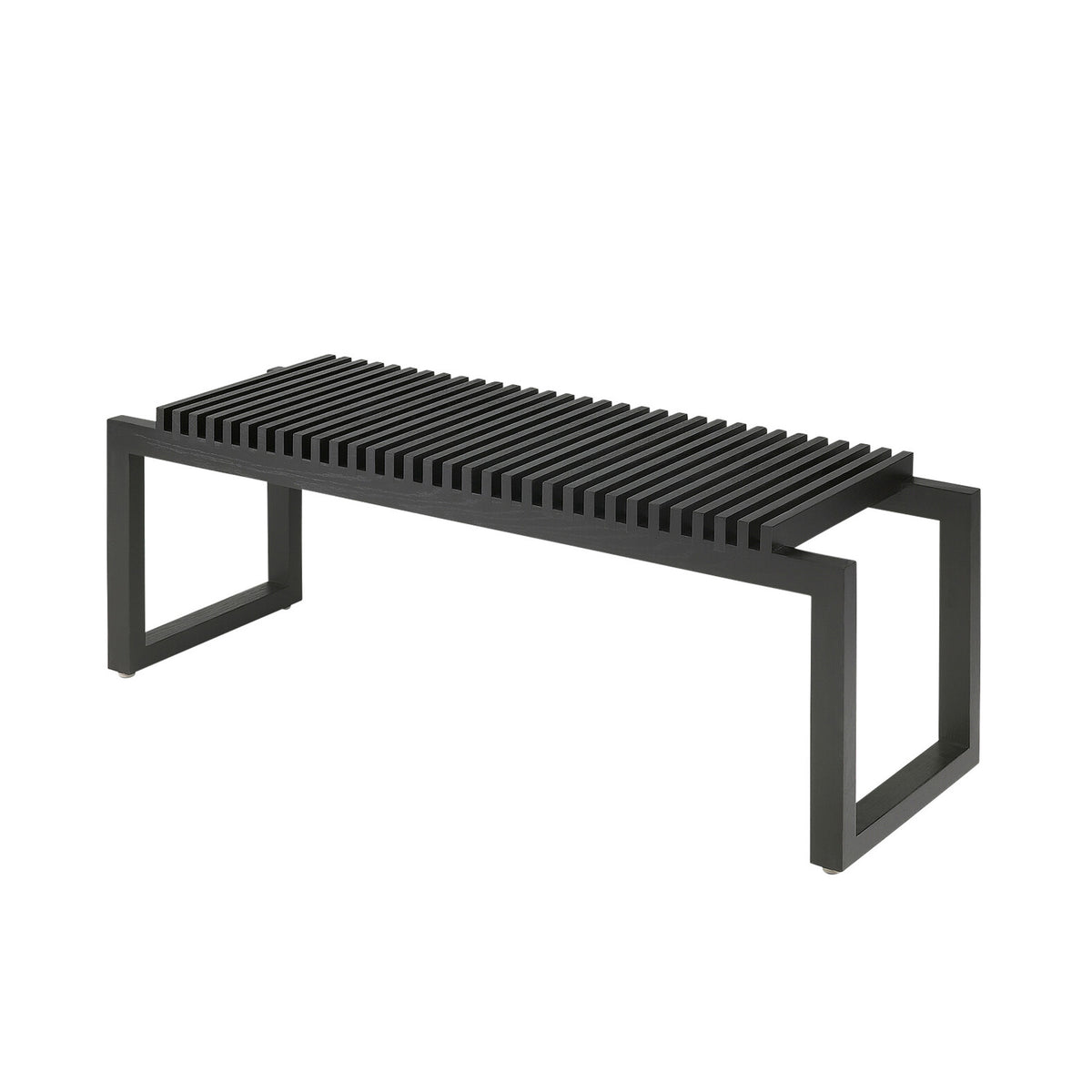 Fritz Hansen Cutter Bench by Niels Hvass. A sleek black bench with horizontal slat seating and minimalist frame design.
