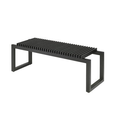 Fritz Hansen Cutter Bench by Niels Hvass. A sleek black bench with horizontal slat seating and minimalist frame design.