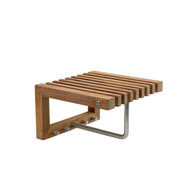 Fritz Hansen Cutter Wardrobe by Niels Hvass. A wooden bench with horizontal slats and metal supports sits against white.