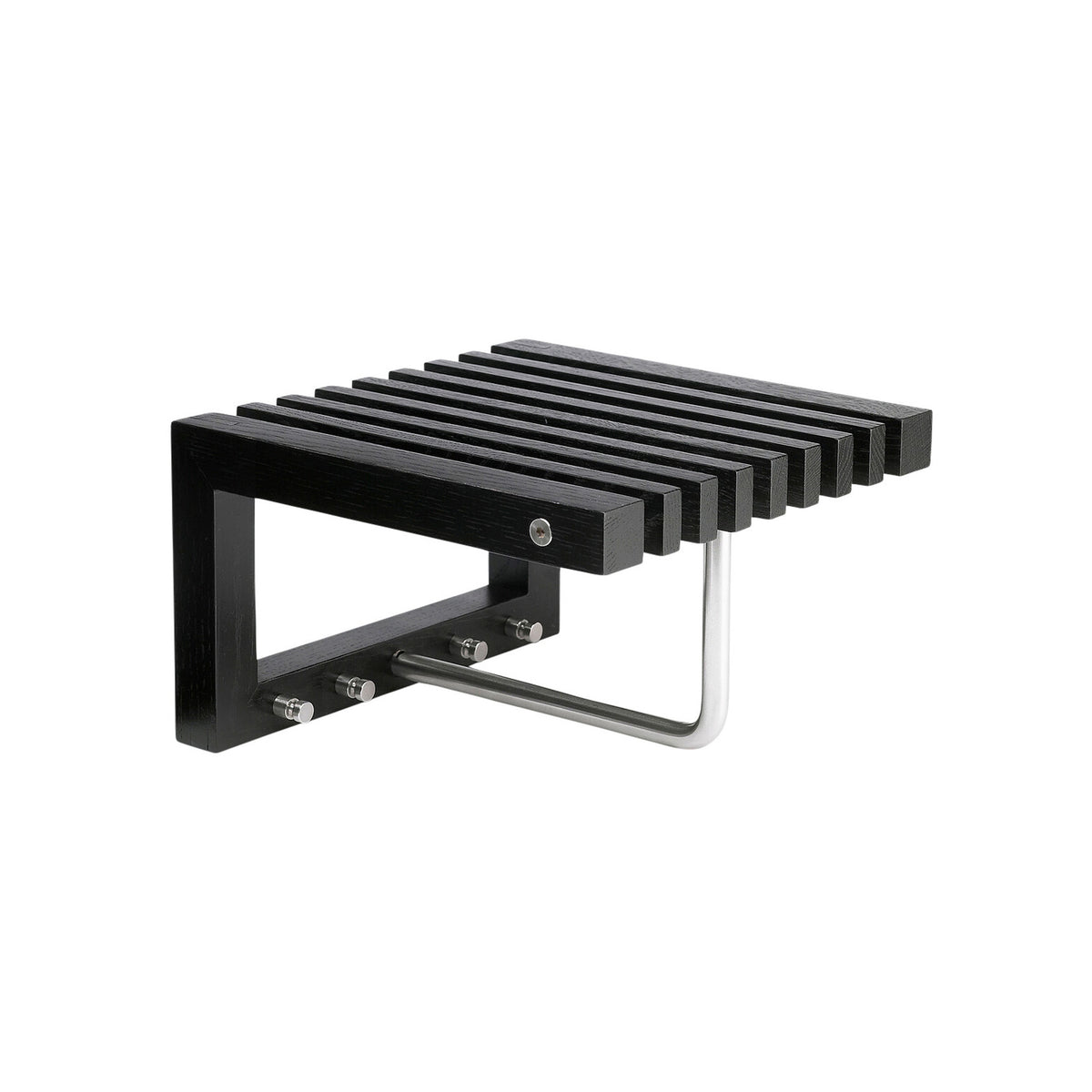 Fritz Hansen Cutter Wardrobe by Niels Hvass. A sleek black wooden bench features parallel slats and metallic support legs.