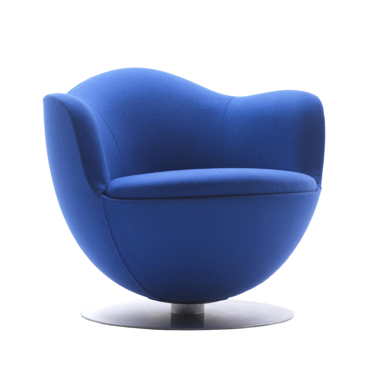 Cappellini Dalia by Marcel Wanders. A striking blue upholstered armchair with curved lines sits on a polished metal base.