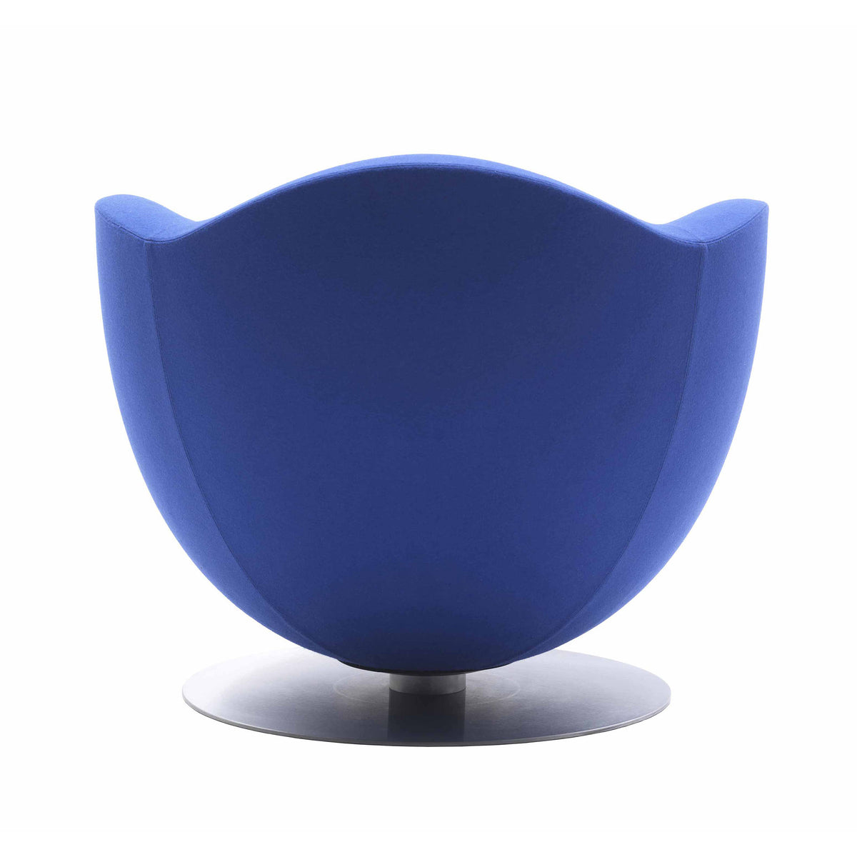 Cappellini Dalia by Marcel Wanders. A modern blue upholstered chair with curved armrests sits on a sleek metallic base.