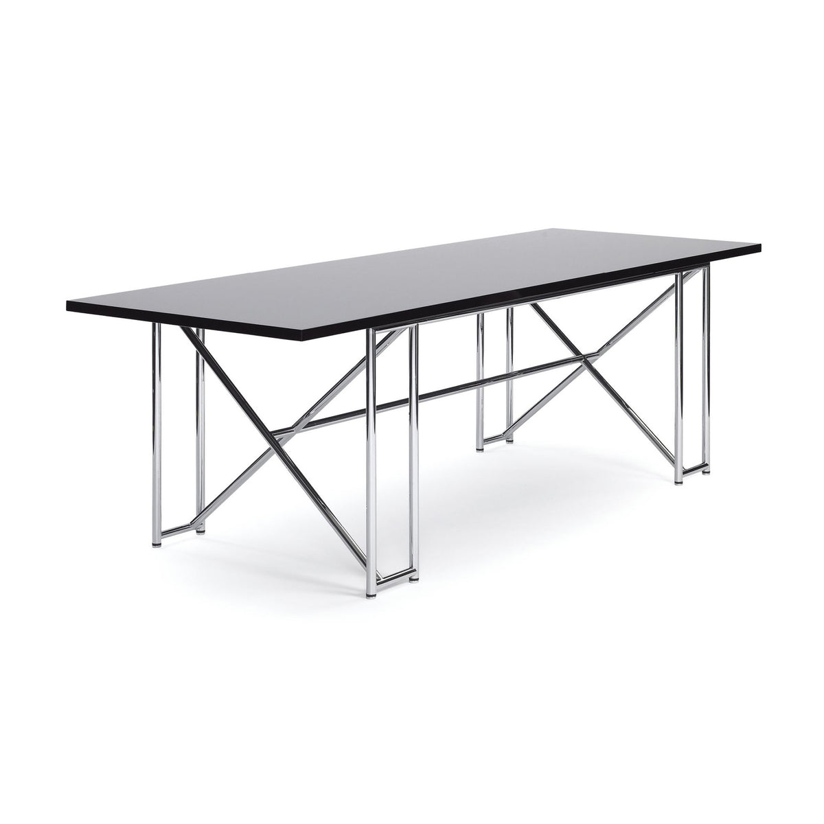 ClassiCon Double X by Eileen Gray. A sleek black tabletop rests on a polished metal frame with X-braced supports.