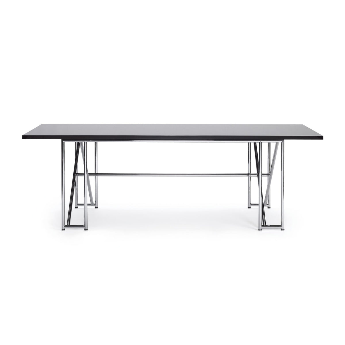 ClassiCon Double X by Eileen Gray. A sleek black tabletop rests on geometric stainless steel legs.