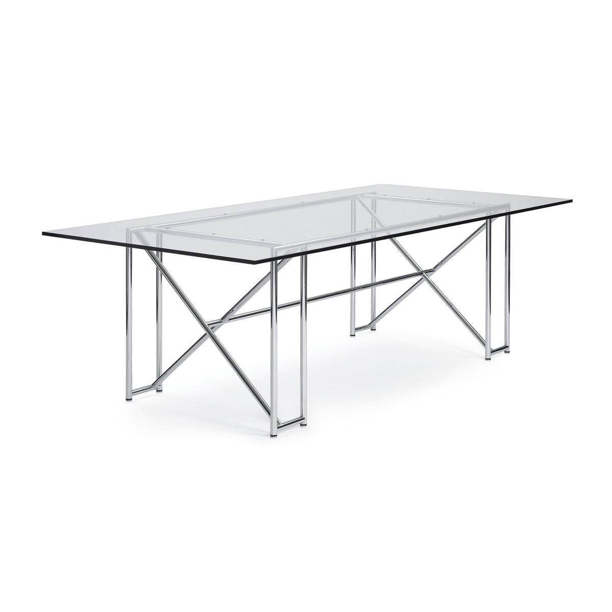 ClassiCon Double X by Eileen Gray. A modern rectangular glass table with a polished metal frame and X-braced legs.