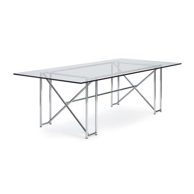 ClassiCon Double X by Eileen Gray. A modern rectangular glass table with a polished metal frame and X-braced legs.