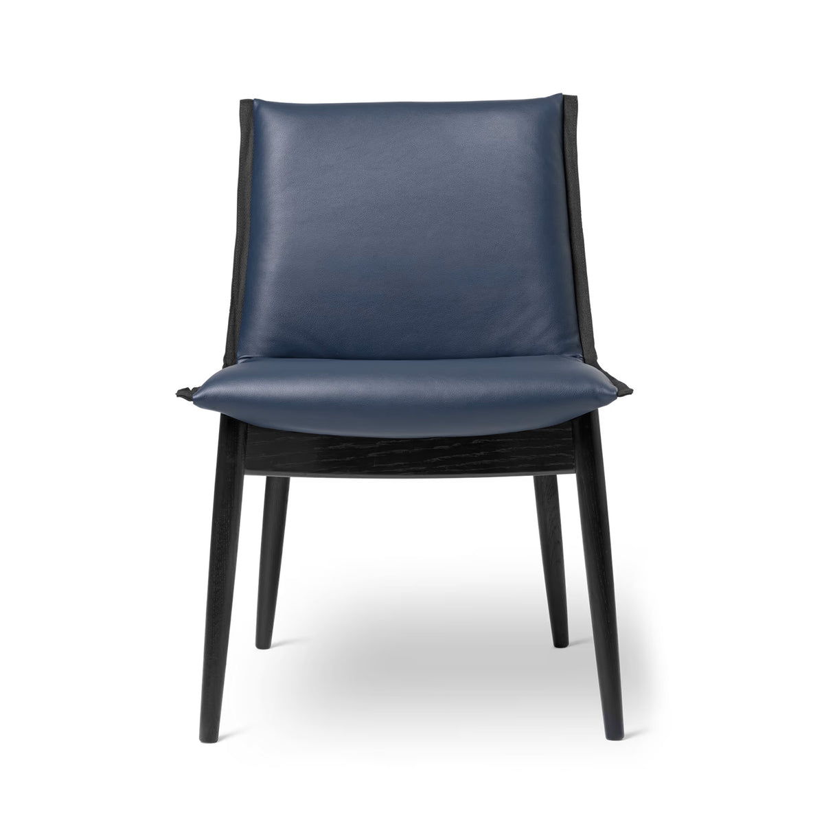 Carl Hansen & Søn E004 Embrace Chair by EOOS. A modern chair with a navy leather seat and black wooden frame.