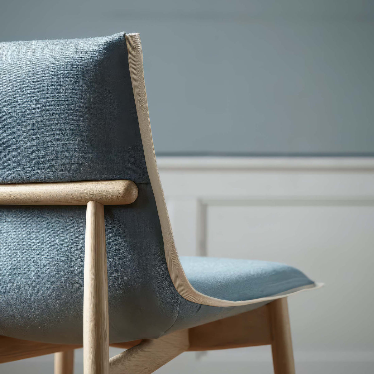 Carl Hansen & Søn E004 Embrace Chair by EOOS. A light wood chair with blue-gray upholstery sits against a neutral background.
