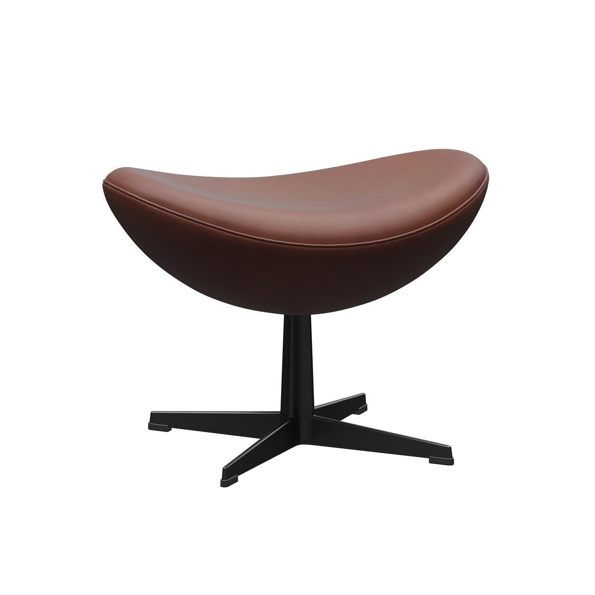 Fritz Hansen Egg™ Foot Stool - 3127 by Arne Jacobsen. Brown leather seat on a black pedestal base.