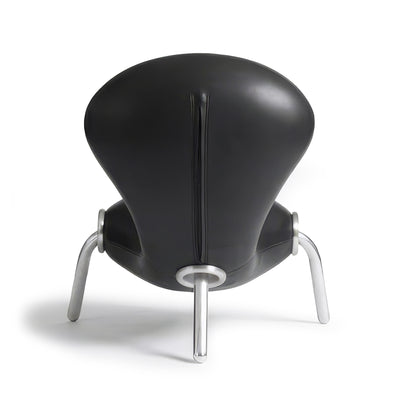 Cappellini Embryo Chair by Marc Newson. A black rounded chair with silver metal legs on white background.