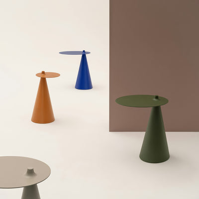 Established & Sons Fez Side Table by Nao Tamura. Colorful cone-shaped tables with circular tops in orange, blue, and green.