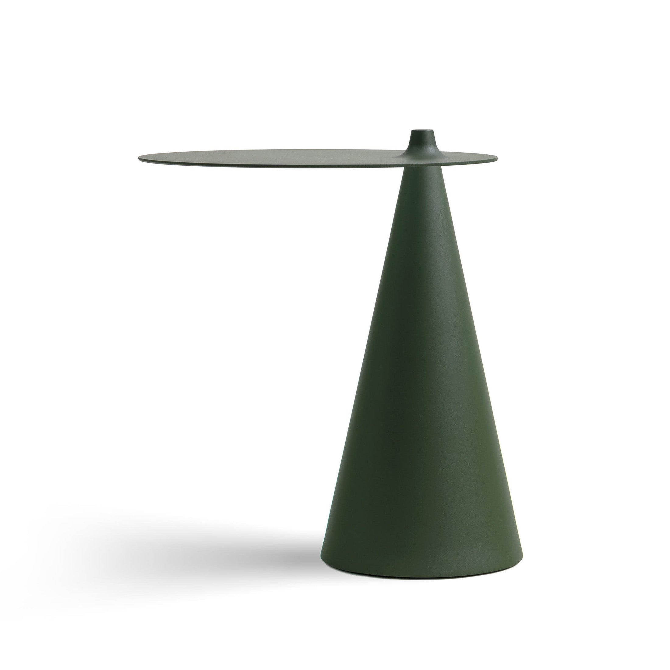 Established & Sons Fez Side Table by Nao Tamura. A sleek dark green cone-shaped table with a flat circular top.