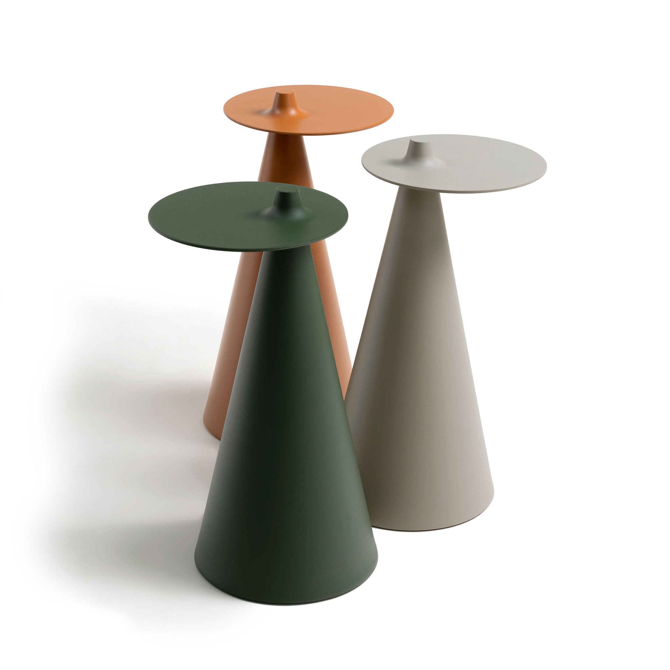 Established & Sons Fez Side Table by Nao Tamura. Three cone-shaped tables in green, terracotta, and grey with circular tops.