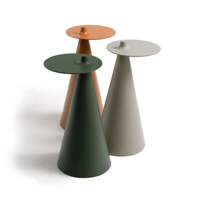 Established & Sons Fez Side Table by Nao Tamura. Three cone-shaped tables in green, terracotta, and grey with circular tops.