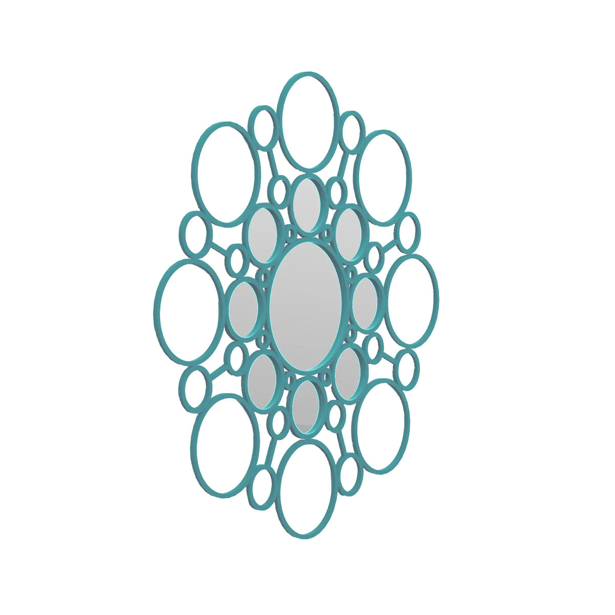 COVO Floret Mirror by Marta Laudani. Teal-framed mirror cluster with grey-filled center circles on white.