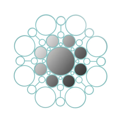 COVO Floret Mirror by Marta Laudani. Turquoise circles of varying sizes form a connected network with a central dark sphere.