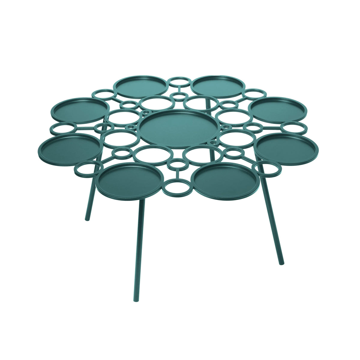 COVO Floret Table by Marta Laudani. A teal metal table features multiple circular platforms arranged in a geometric pattern.