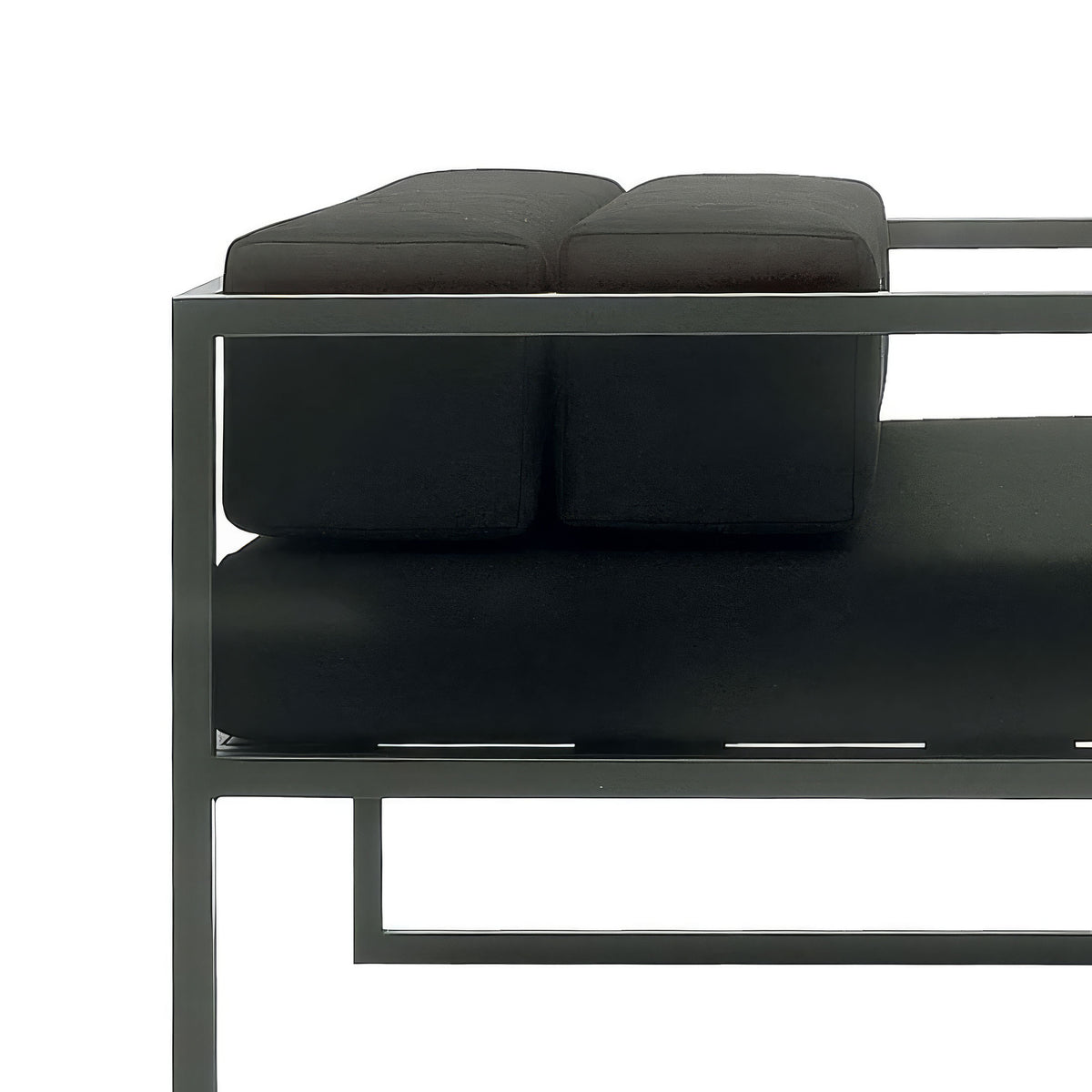 Cappellini Fronzoni '64 Armchair by AG Fronzoni 1964. Dark cushions sit on a minimalist metal frame structure.