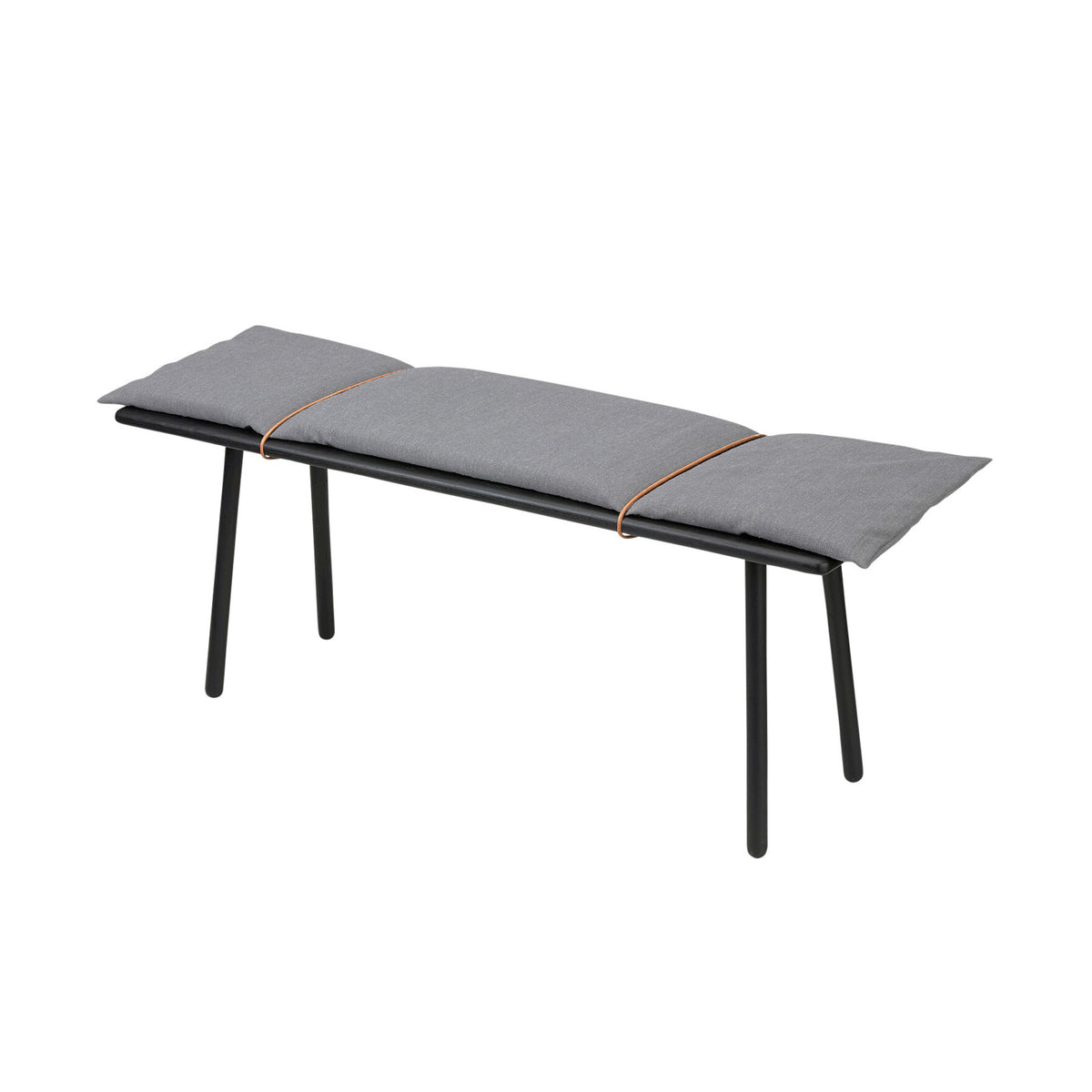 Fritz Hansen Georg Bench by Chris Liljenberg Halstrøm. Gray cushioned bench with black metal legs and tan straps.