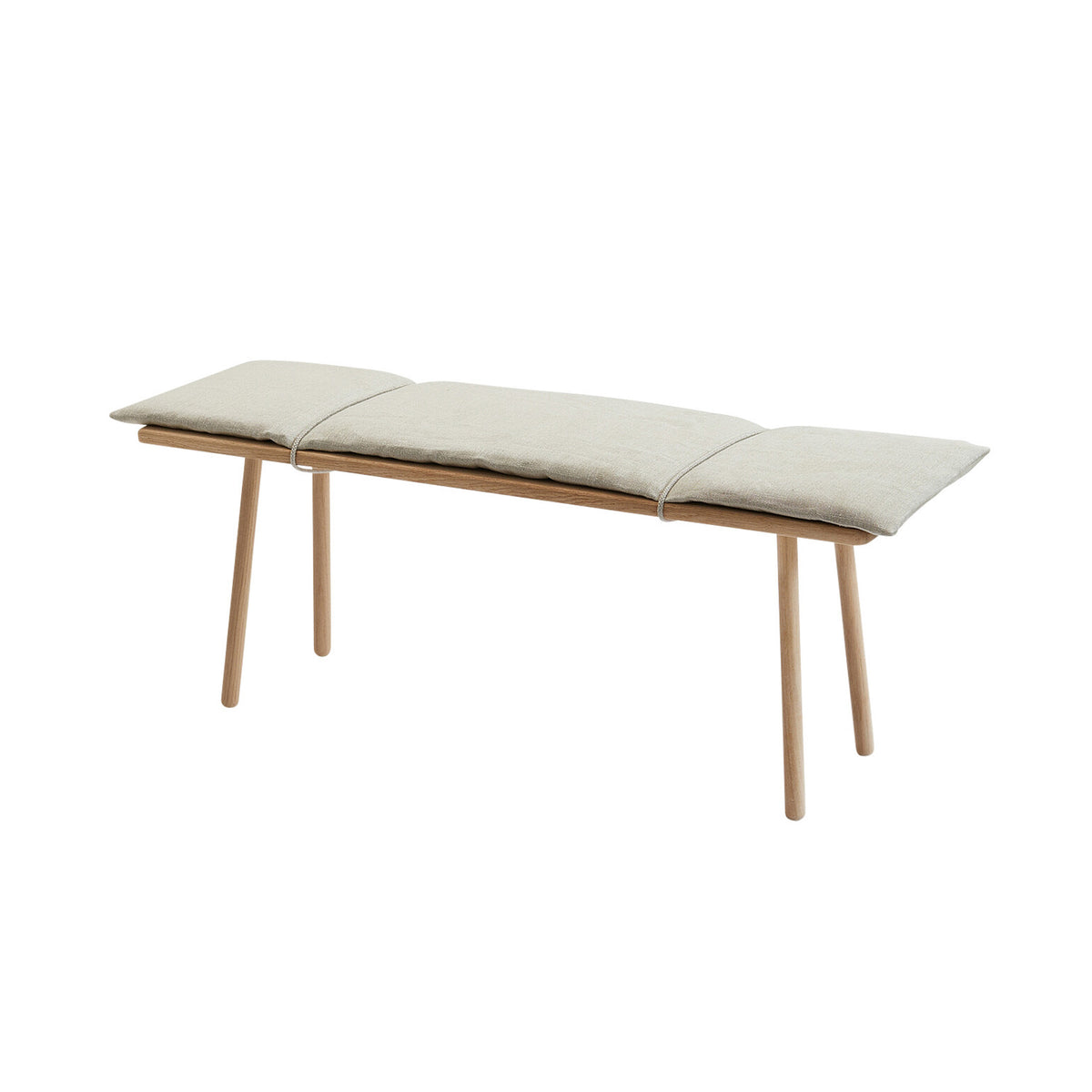 Fritz Hansen Georg Bench by Chris Liljenberg Halstrøm. Wooden bench with three beige cushioned sections.