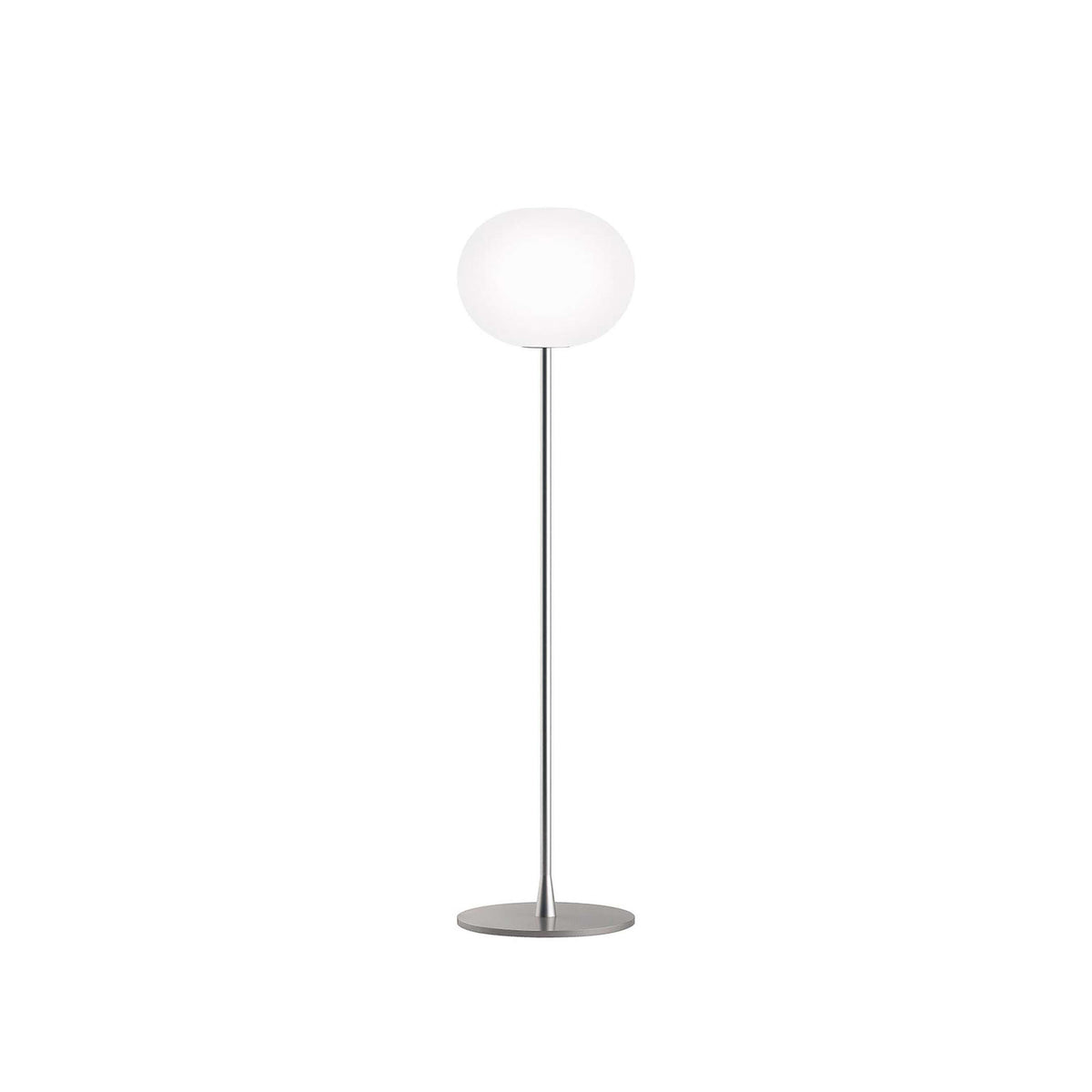 Flos Glo-Ball Floor 1 by Jasper Morrison. A minimalist floor lamp with a white frosted globe shade and sleek metal stem.