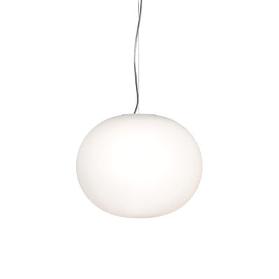Flos Glo-Ball Suspension 1 by Jasper Morrison. A white frosted glass globe hangs from a thin curved wire cord.