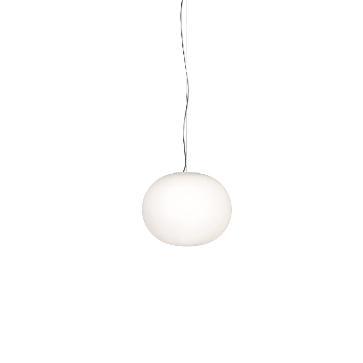 Flos Glo-Ball Suspension 1 by Jasper Morrison. A frosted white spherical pendant lamp hangs from a thin gray cord.