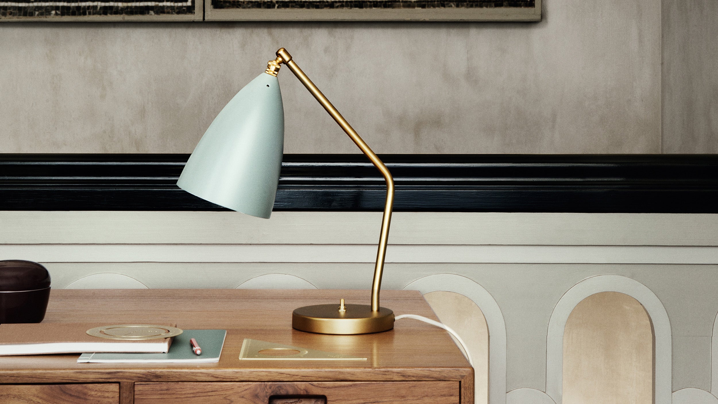 Dusty Blue Semi Matt / Desktop / Gräshoppa Table Lamp, designed by Greta M. Grossman and made by Gubi