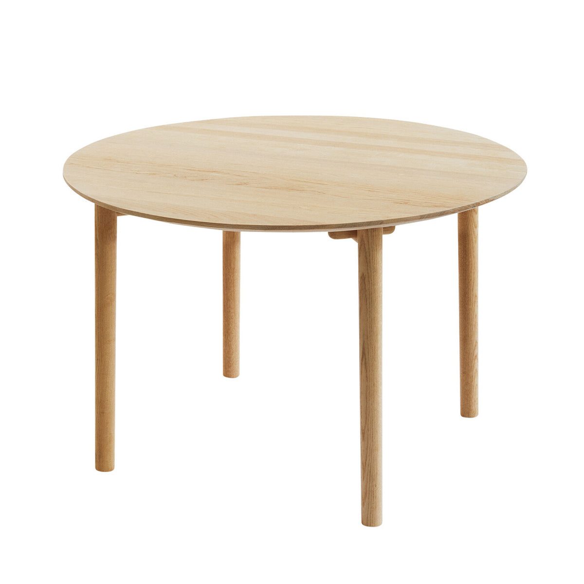 Fritz Hansen Hven Table by Anton Björsing. A light wood round table with four cylindrical legs.