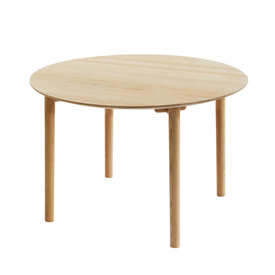 Fritz Hansen Hven Table by Anton Björsing. A light wood round table with four cylindrical legs.