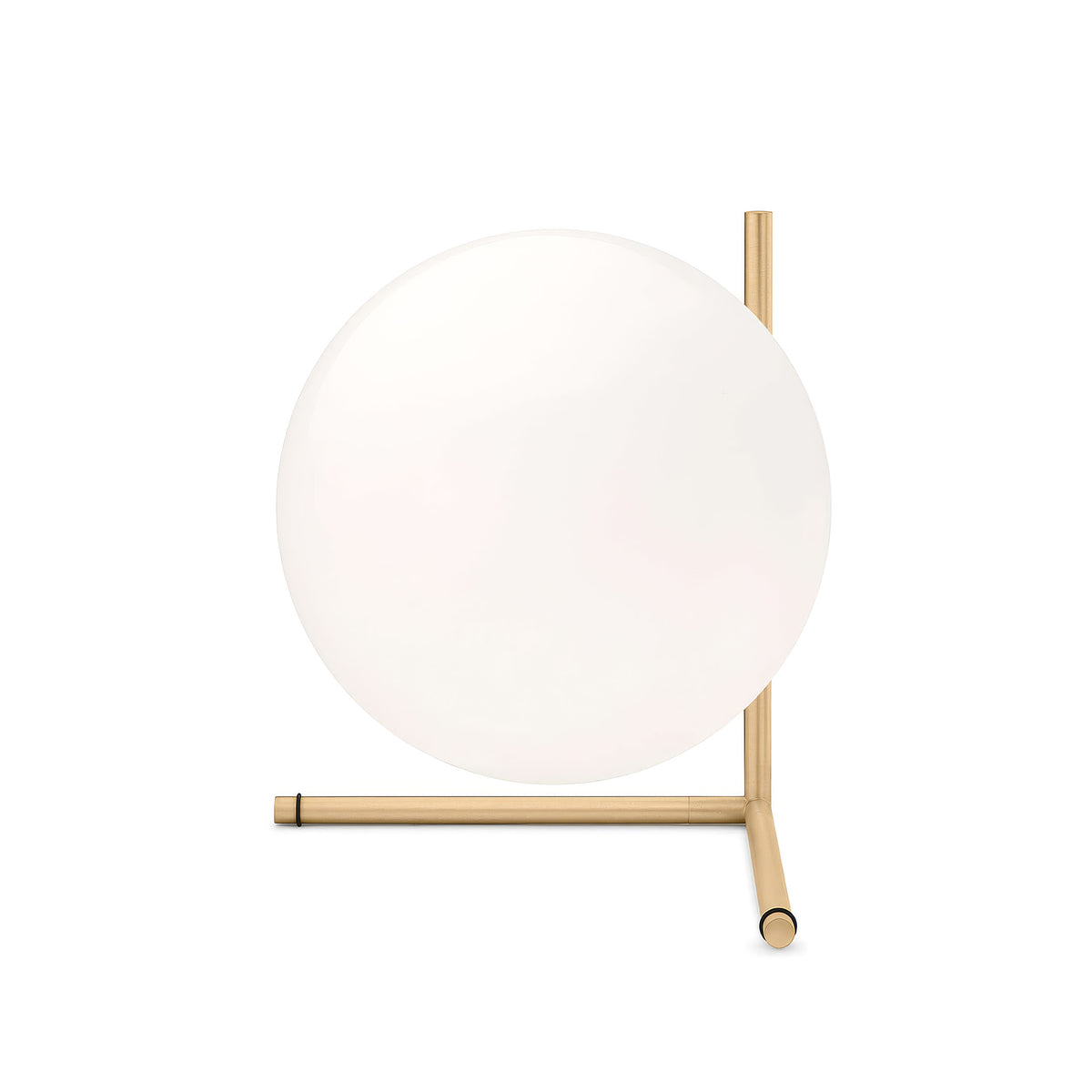 Flos IC Lights T2 by Michael Anastassiades. A frosted white glass sphere is held aloft by a geometric brass metal frame.