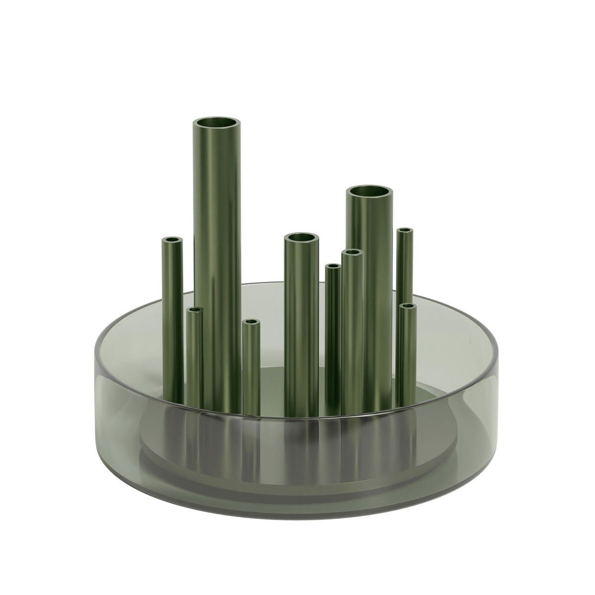 Fritz Hansen Ikeru™ Vase by Jaime Hayon. Green metallic tubes of varying heights rise from a translucent circular base.