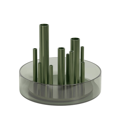 Fritz Hansen Ikeru™ Vase by Jaime Hayon. Green metallic tubes of varying heights rise from a translucent circular base.