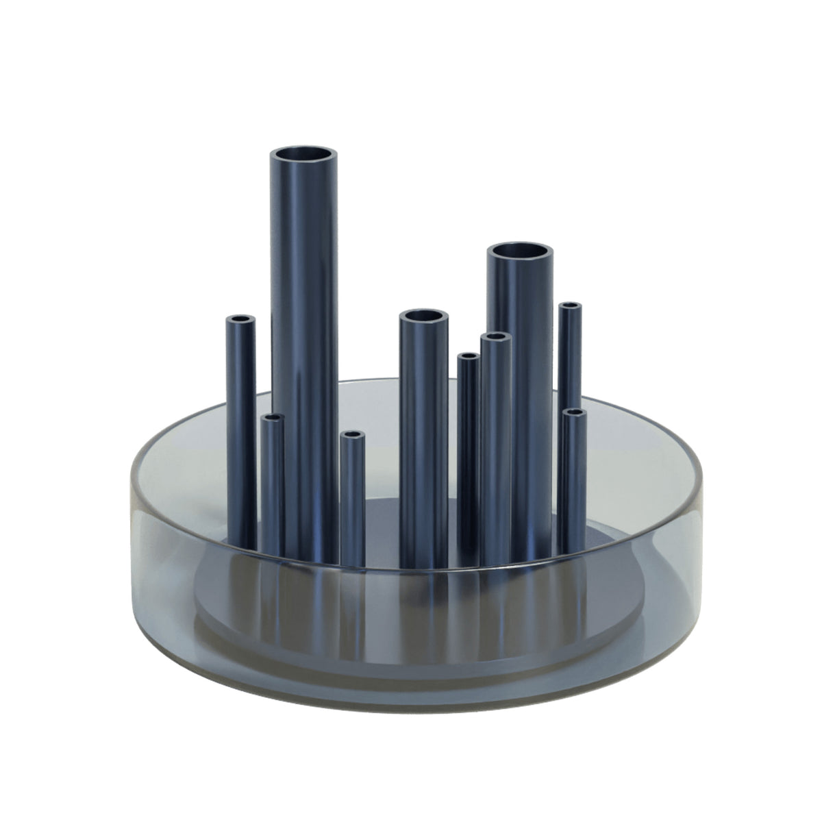 Fritz Hansen Ikeru™ Vase by Jaime Hayon. Dark metallic tubes of varying heights emerge from a translucent base.