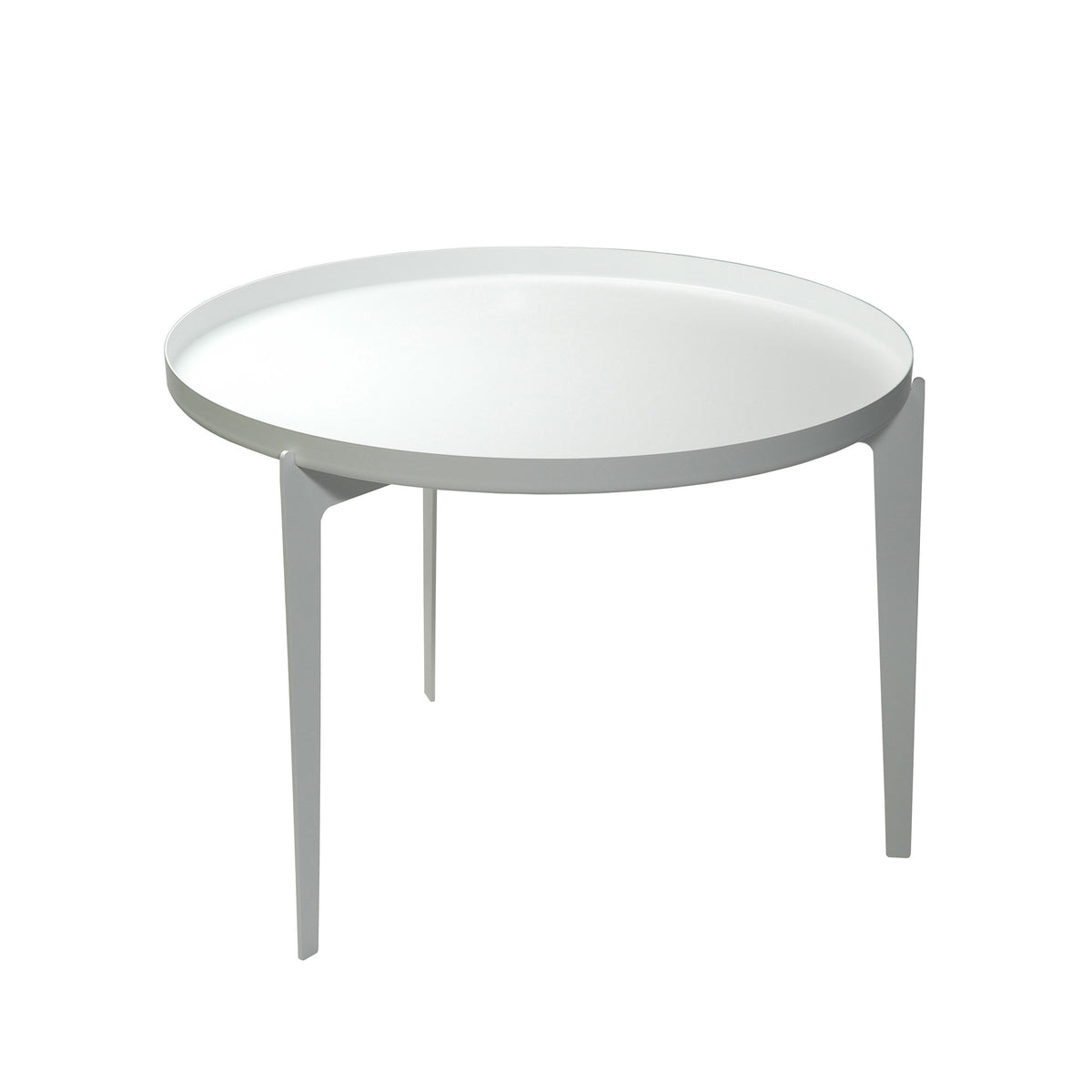COVO Illusion - Two in One by Minna Niskakangas. A minimalist gray table with a white circular top and four tapered legs.